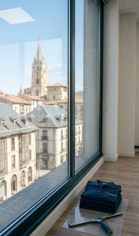 Cristal de oficina impecable tras el servicio de LimpAstur en Oviedo, con vistas nítidas a la Catedral y equipamiento profesional de limpieza.