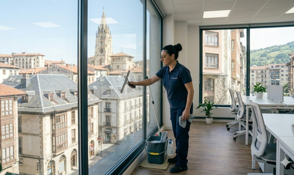 Servicio de limpieza de cristales en Oviedo realizado por LimpAstur en una oficina con vistas panorámicas a la Catedral.