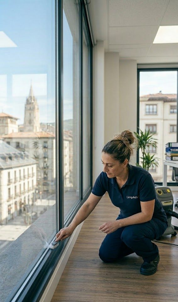 Operaria de LimpAstur limpiando un gran ventanal de una oficina impecable en Oviedo, con vistas panorámicas a la Catedral y equipamiento profesional.