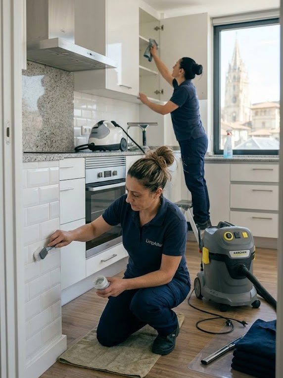 Equipo de LimpAstur realizando una limpieza profunda en un domicilio de Oviedo, con desinfección integral de baño, cocina y maquinaria profesional.