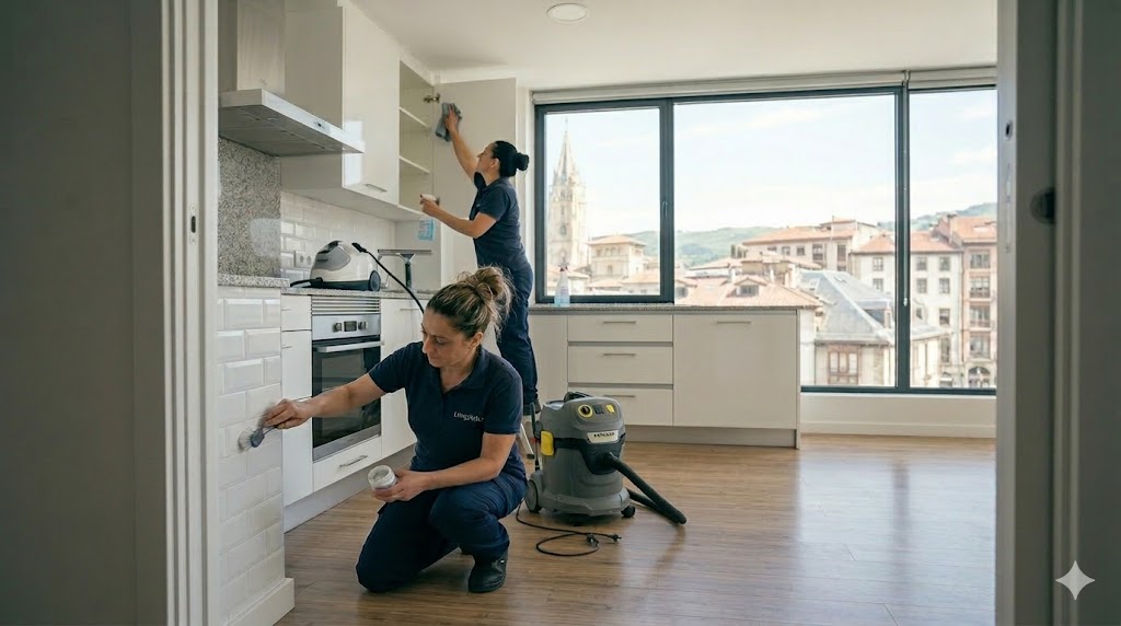 Operaria de LimpAstur limpiando un gran ventanal de una oficina impecable en Oviedo, con vistas panorámicas a la Catedral y equipamiento profesional