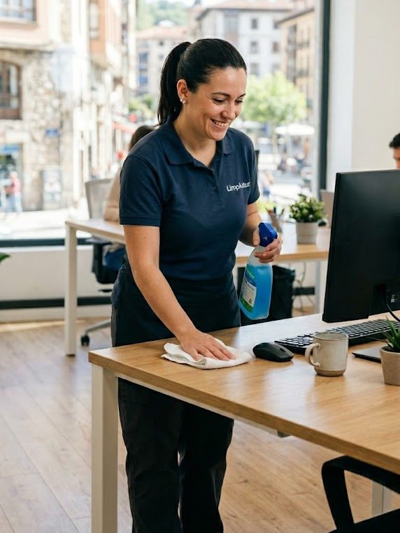 Mujer limpia en uniforme limpastur trabaja en oficina en Oviedo