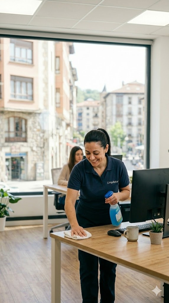 Operaria de limpieza profesional de LimpAstur uniformada limpiando escritorio de oficina en Oviedo
