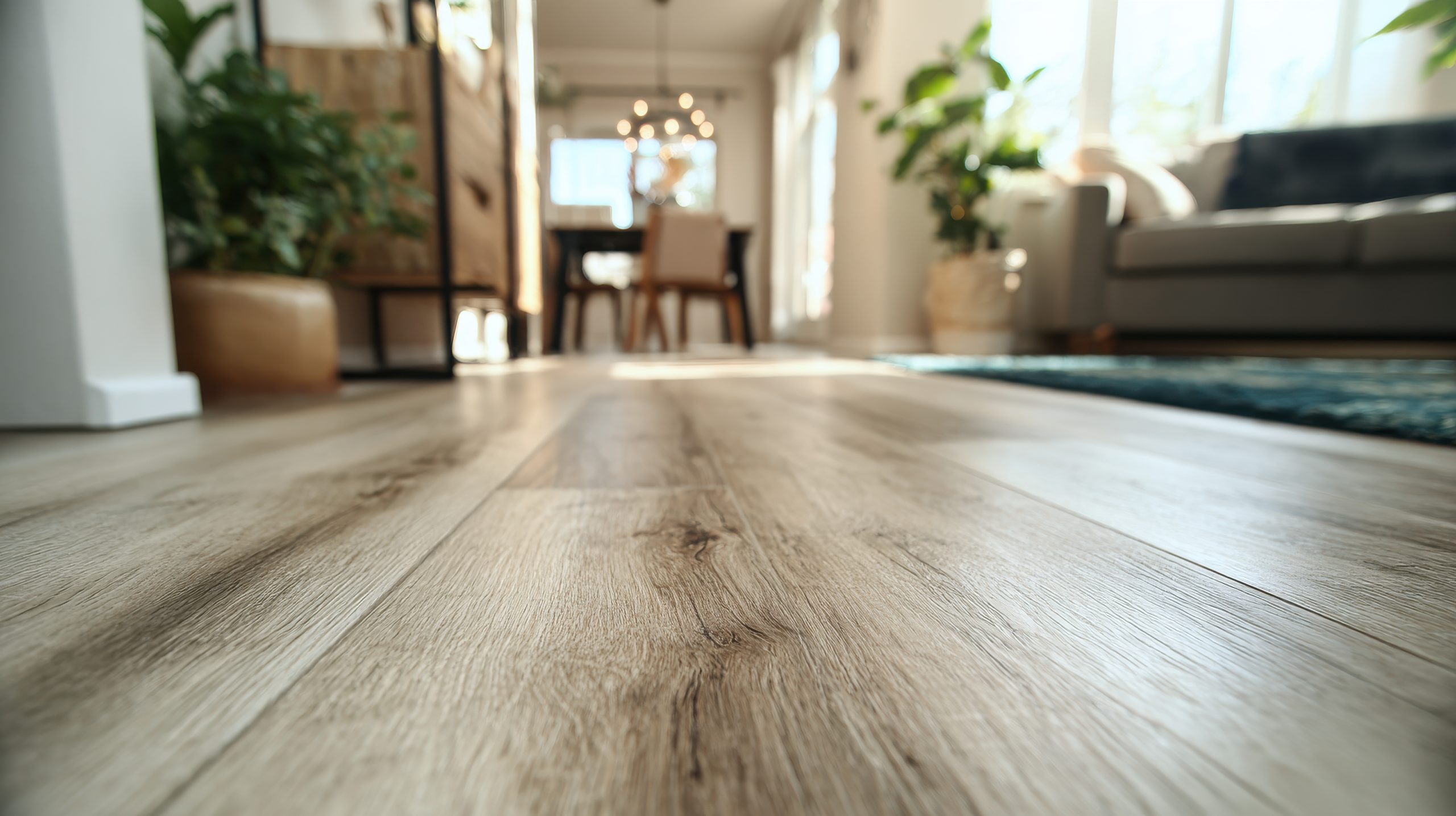 Suelo de madera impecable en una sala de estar moderna y luminosa en Asturias.